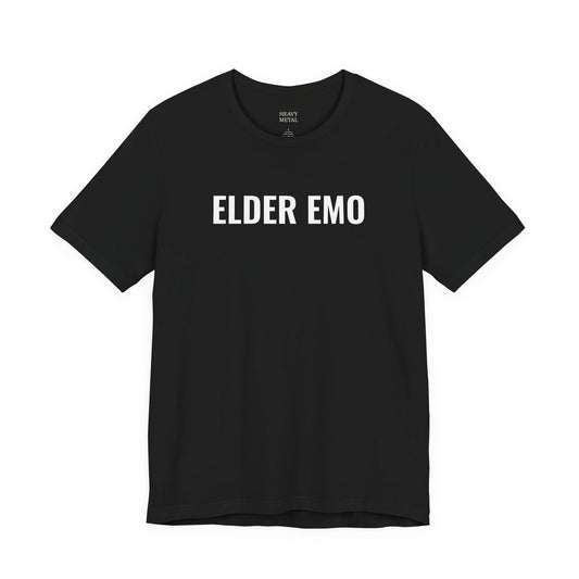 Black t-shirt with bold white text reading Elder Emo